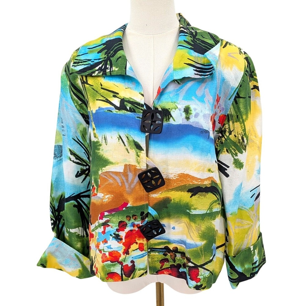 Abstract Art Linen Jacket Painterly Button‎ Front Statement Layer size S